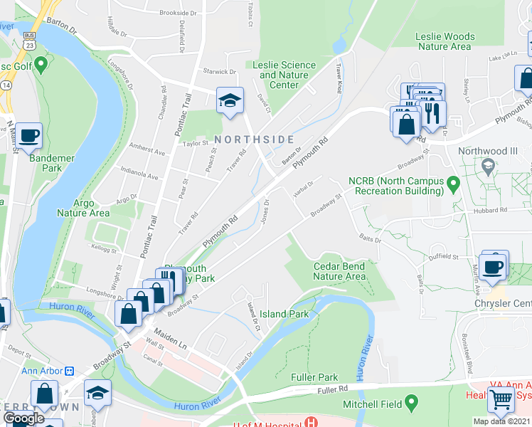 map of restaurants, bars, coffee shops, grocery stores, and more near 1585 Jones Drive in Ann Arbor