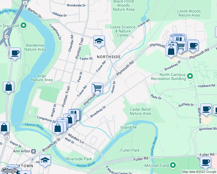 map of restaurants, bars, coffee shops, grocery stores, and more near 1585 Jones Drive in Ann Arbor