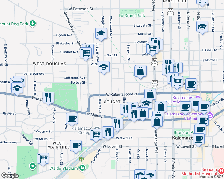 map of restaurants, bars, coffee shops, grocery stores, and more near 431 Woodward Avenue in Kalamazoo
