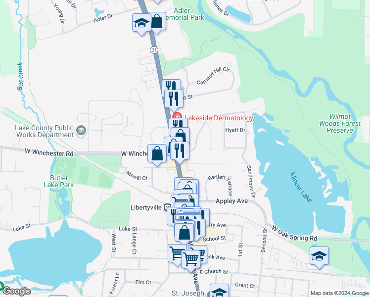 map of restaurants, bars, coffee shops, grocery stores, and more near 1124 North Milwaukee Avenue in Libertyville