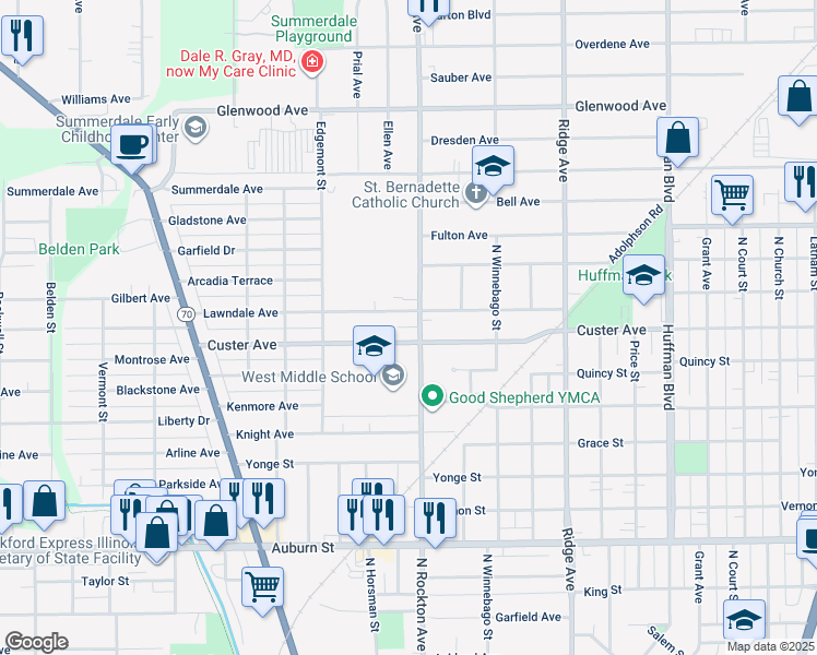 map of restaurants, bars, coffee shops, grocery stores, and more near 2202 North Rockton Avenue in Rockford