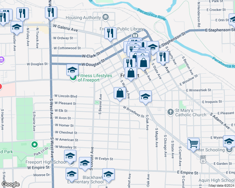 map of restaurants, bars, coffee shops, grocery stores, and more near 110-112 North Cherry Avenue in Freeport