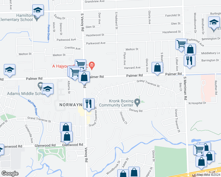 map of restaurants, bars, coffee shops, grocery stores, and more near 32341 Kalamazoo Street in Westland