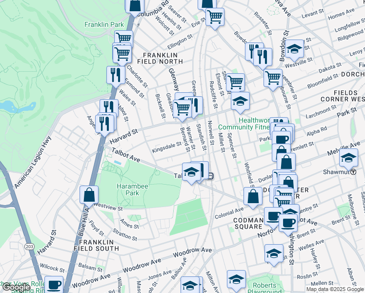 map of restaurants, bars, coffee shops, grocery stores, and more near 19 Warner Street in Boston