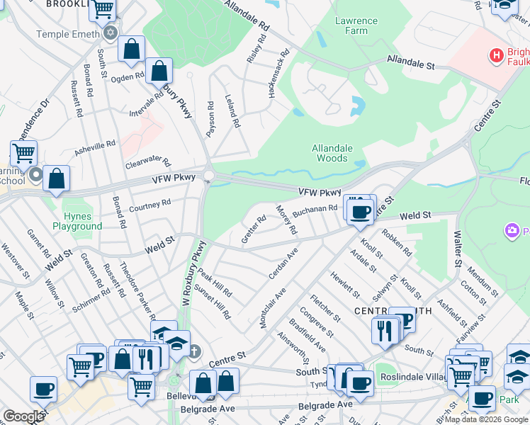 map of restaurants, bars, coffee shops, grocery stores, and more near 45 Vincent Road in Boston