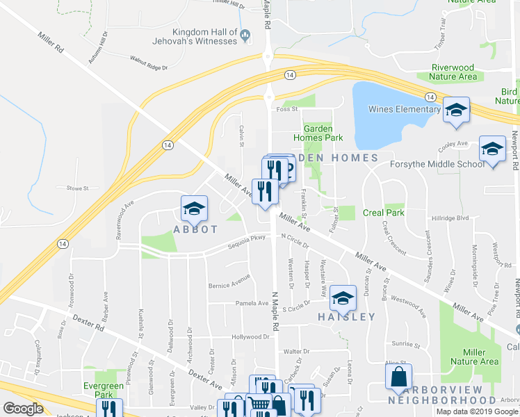 map of restaurants, bars, coffee shops, grocery stores, and more near 2507 Miller Avenue in Ann Arbor