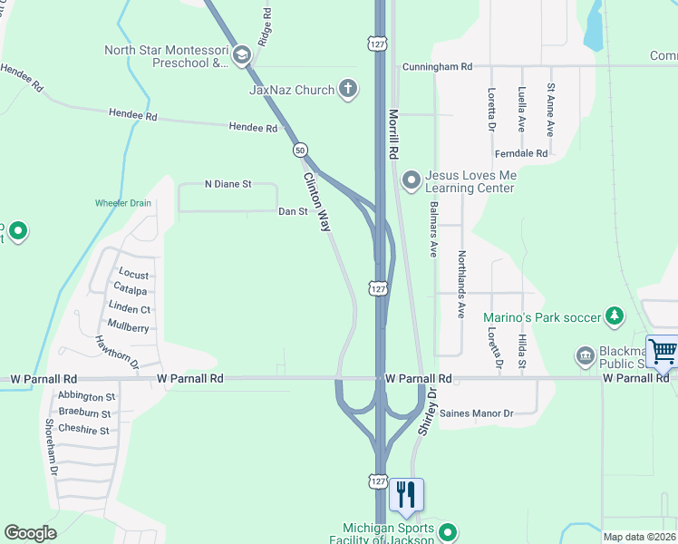 map of restaurants, bars, coffee shops, grocery stores, and more near 3342-3598 Clinton Way in Jackson