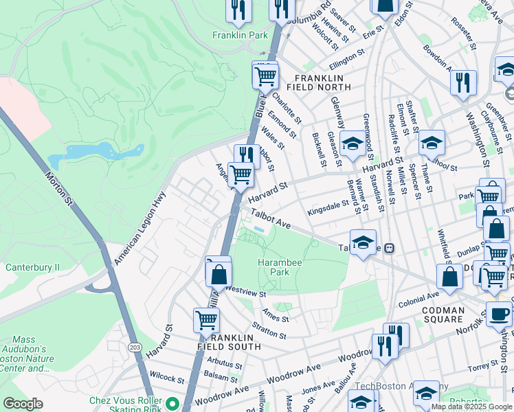 map of restaurants, bars, coffee shops, grocery stores, and more near 19 Vesta Road in Boston