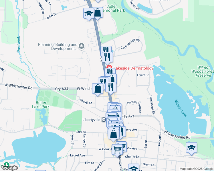 map of restaurants, bars, coffee shops, grocery stores, and more near 1111 North Milwaukee Avenue in Libertyville