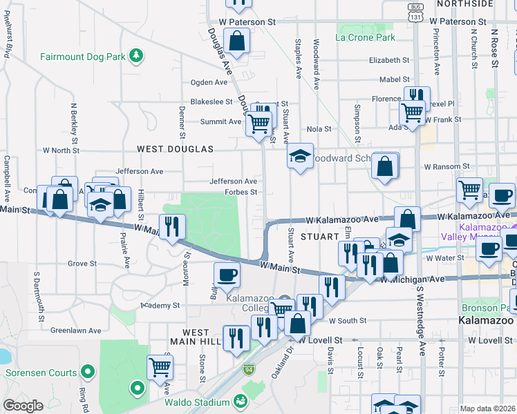 map of restaurants, bars, coffee shops, grocery stores, and more near 1121 Forbes Street in Kalamazoo