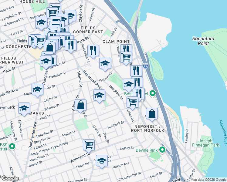 map of restaurants, bars, coffee shops, grocery stores, and more near in Boston