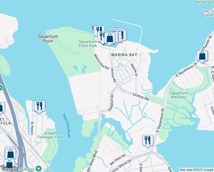 map of restaurants, bars, coffee shops, grocery stores, and more near 223 Victory Road in Quincy