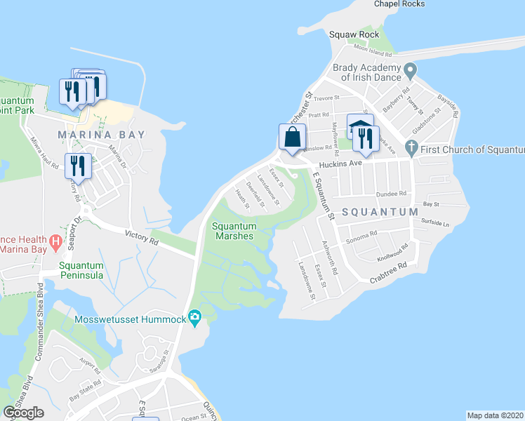 map of restaurants, bars, coffee shops, grocery stores, and more near 34 Deerfield Street in Quincy
