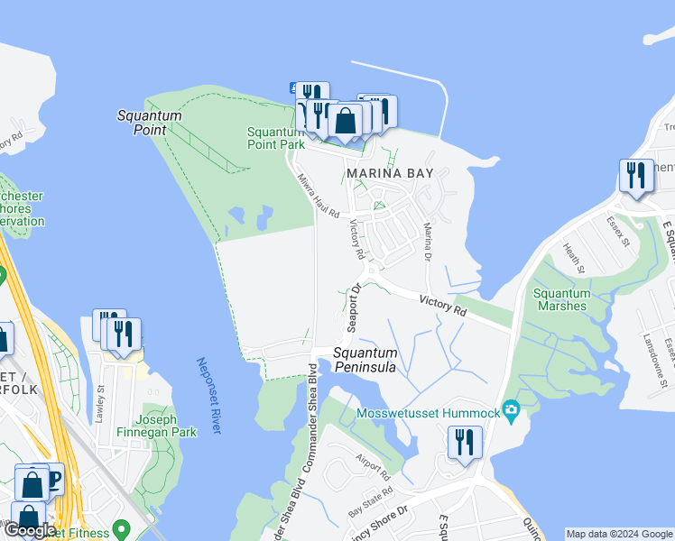 map of restaurants, bars, coffee shops, grocery stores, and more near 223 Victory Road in Quincy
