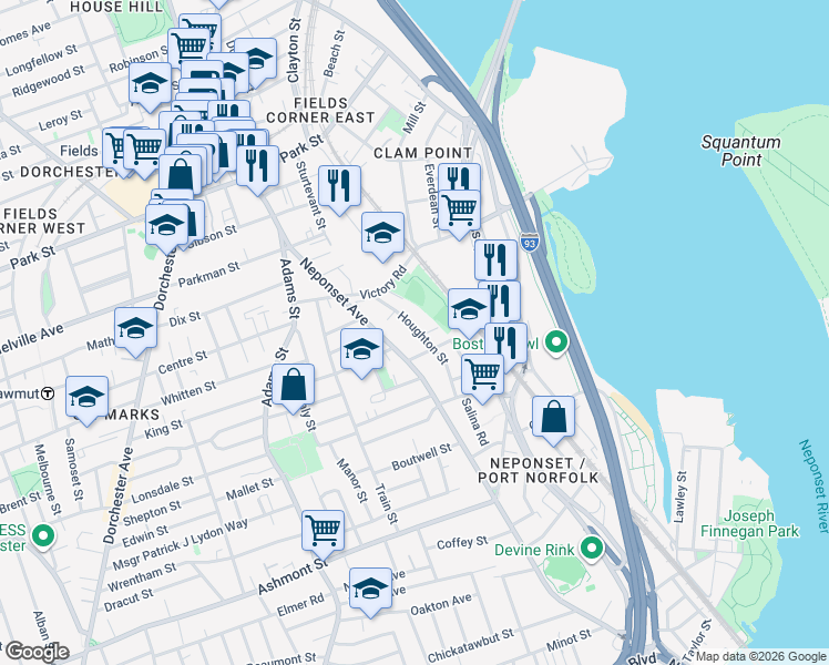map of restaurants, bars, coffee shops, grocery stores, and more near in Boston