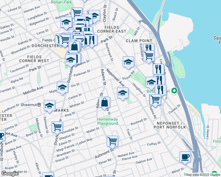 map of restaurants, bars, coffee shops, grocery stores, and more near 16 Train Street in Boston