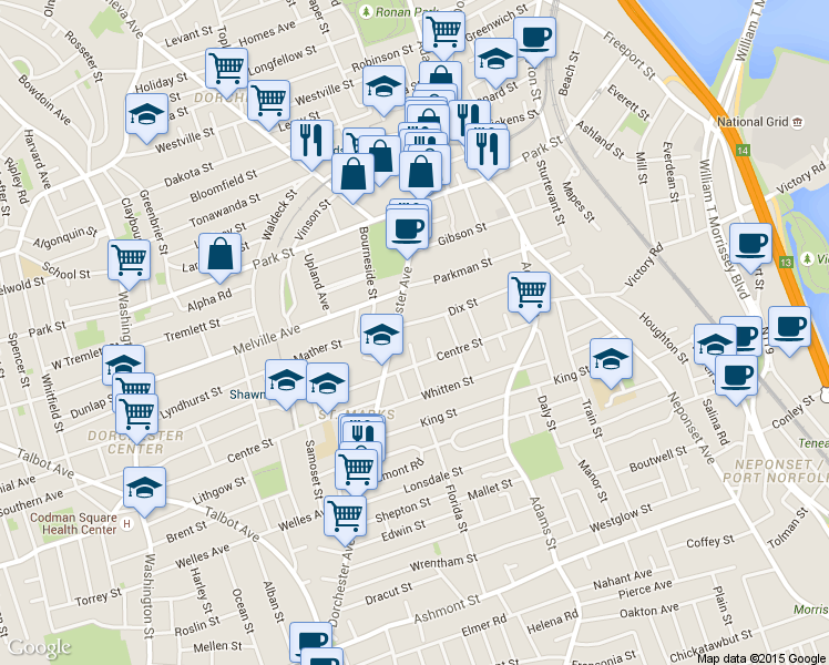 map of restaurants, bars, coffee shops, grocery stores, and more near 14 Dix Street in Boston
