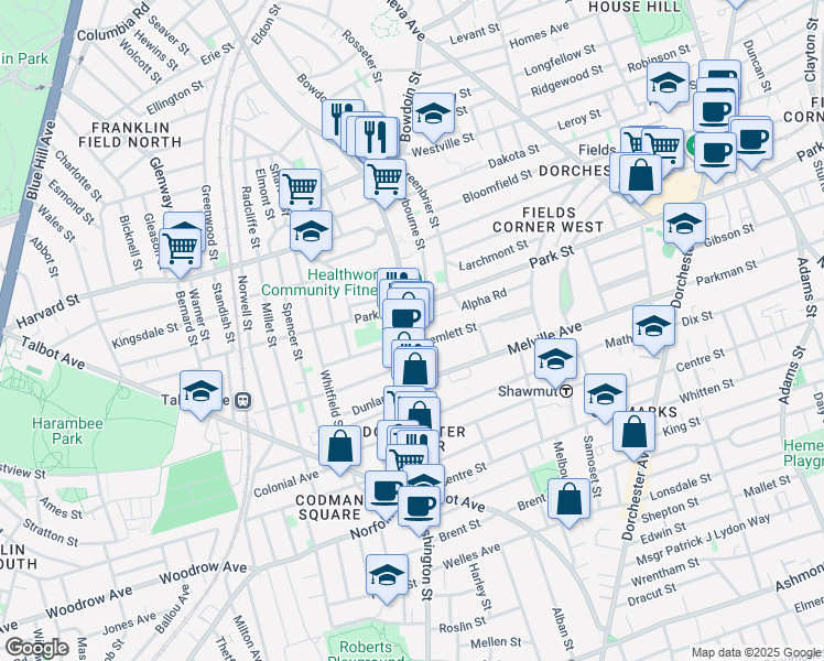 map of restaurants, bars, coffee shops, grocery stores, and more near 22 Regina Road in Boston