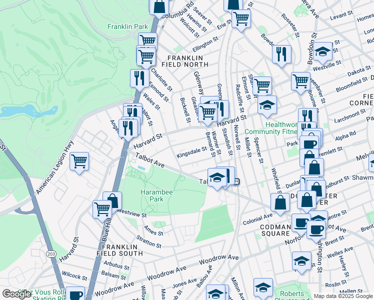 map of restaurants, bars, coffee shops, grocery stores, and more near 25 Nightingale Street in Boston