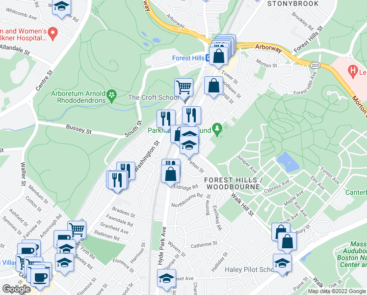 map of restaurants, bars, coffee shops, grocery stores, and more near 160 Hyde Park Avenue in Boston