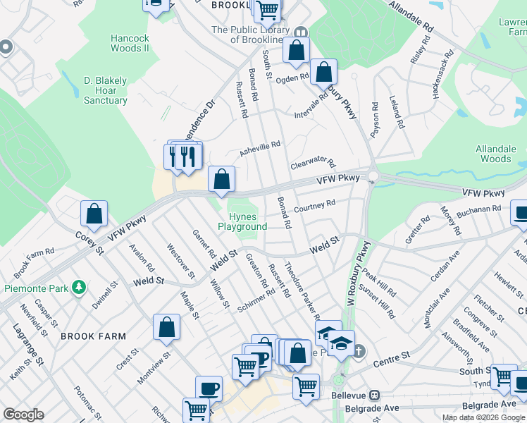 map of restaurants, bars, coffee shops, grocery stores, and more near 454 VFW Parkway in Brookline