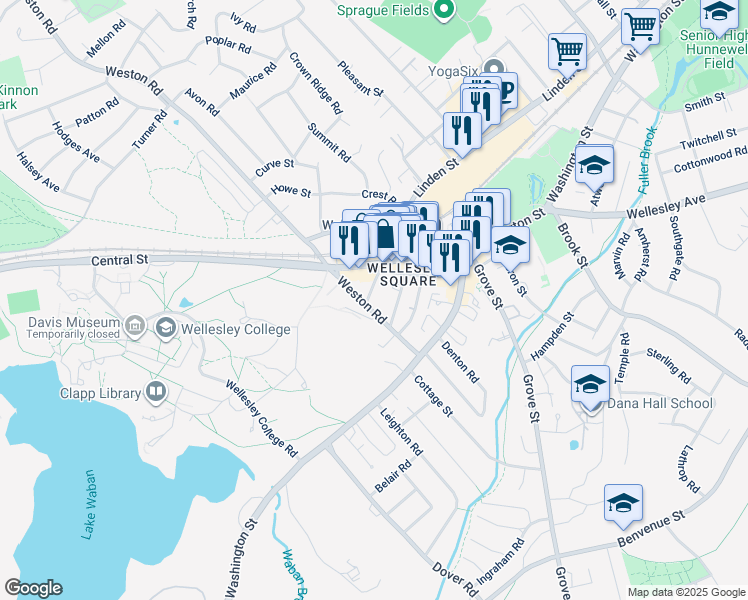 map of restaurants, bars, coffee shops, grocery stores, and more near 66 Church Street in Wellesley