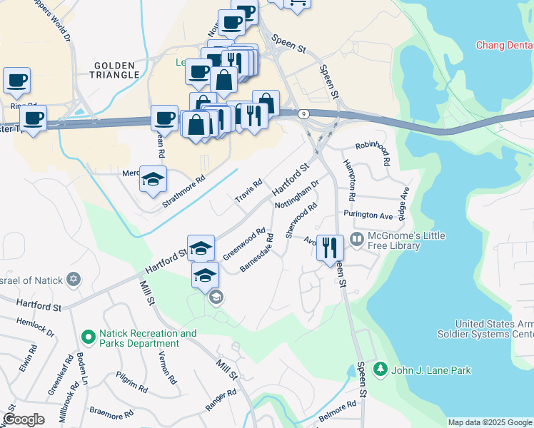 map of restaurants, bars, coffee shops, grocery stores, and more near 42 Hartford Street in Natick