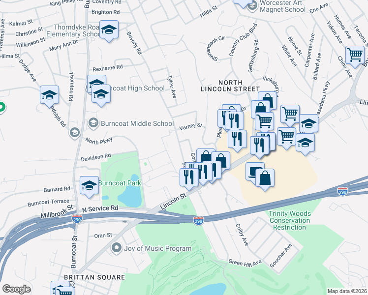 map of restaurants, bars, coffee shops, grocery stores, and more near 9 Kelley Street in Worcester