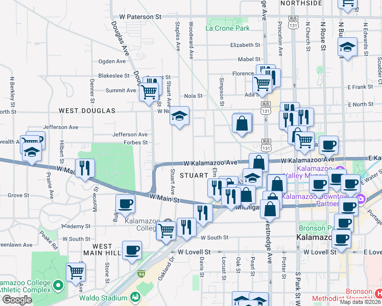 map of restaurants, bars, coffee shops, grocery stores, and more near 431 Woodward Avenue in Kalamazoo