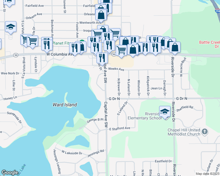 map of restaurants, bars, coffee shops, grocery stores, and more near 118 North Brewer Drive in Battle Creek