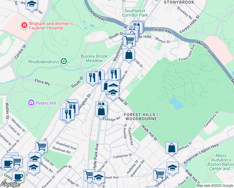 map of restaurants, bars, coffee shops, grocery stores, and more near 26 Walk Hill Street in Boston