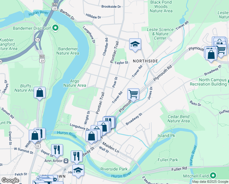map of restaurants, bars, coffee shops, grocery stores, and more near 1440 Pear Street in Ann Arbor