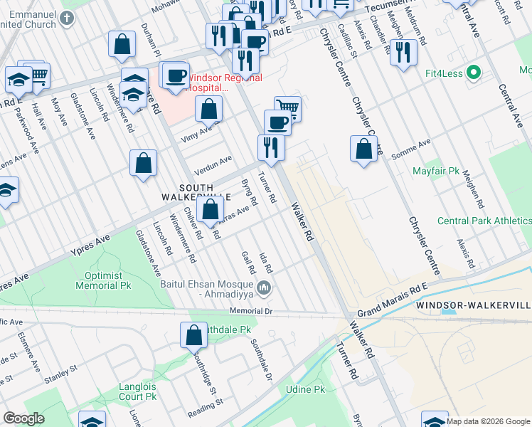 map of restaurants, bars, coffee shops, grocery stores, and more near 2462 Byng Road in Windsor