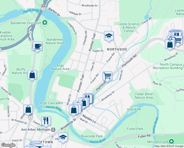 map of restaurants, bars, coffee shops, grocery stores, and more near 1440 Pear Street in Ann Arbor