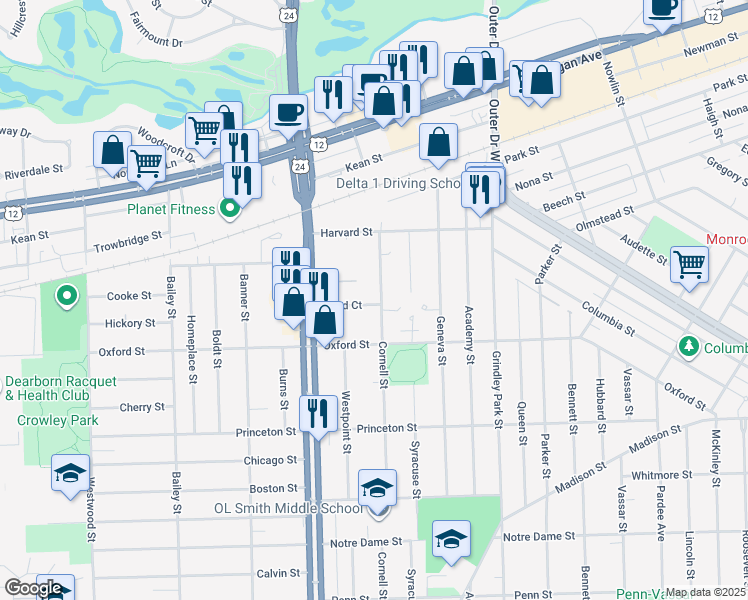 map of restaurants, bars, coffee shops, grocery stores, and more near 2250 Cornell Street in Dearborn