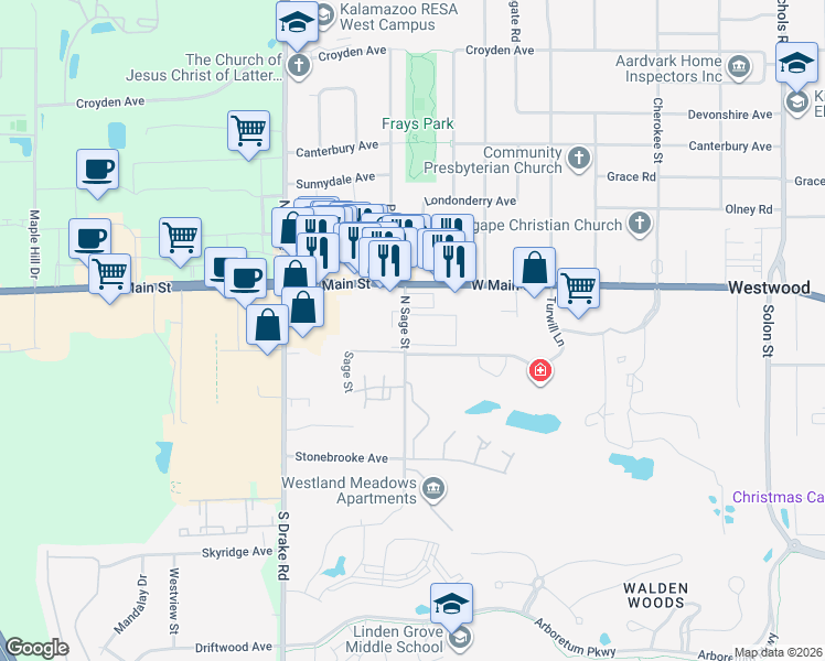 map of restaurants, bars, coffee shops, grocery stores, and more near 316 North Sage Street in Kalamazoo