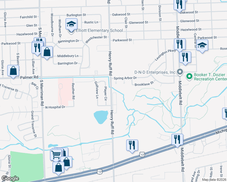 map of restaurants, bars, coffee shops, grocery stores, and more near 30303 Spring Court in Inkster