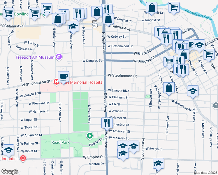 map of restaurants, bars, coffee shops, grocery stores, and more near 774 West Lincoln Boulevard in Freeport