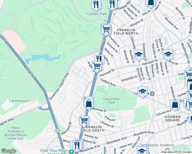 map of restaurants, bars, coffee shops, grocery stores, and more near 260 Harvard Street in Boston