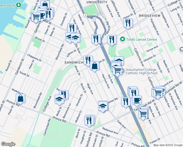 map of restaurants, bars, coffee shops, grocery stores, and more near 1032 Felix Avenue in Windsor