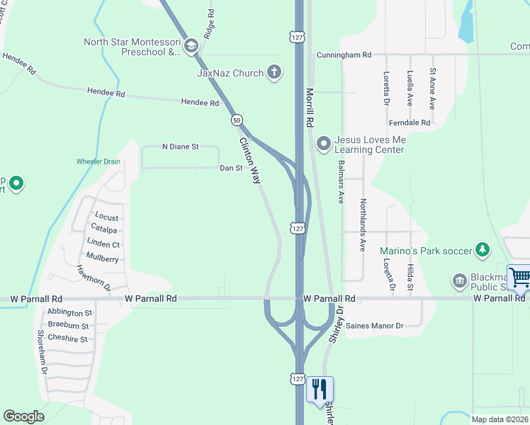 map of restaurants, bars, coffee shops, grocery stores, and more near 3342-3598 Clinton Way in Jackson