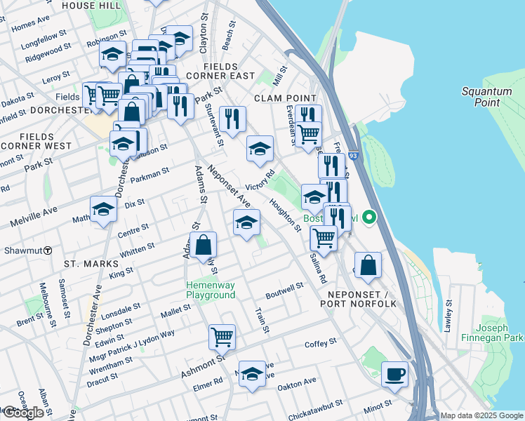 map of restaurants, bars, coffee shops, grocery stores, and more near in Boston