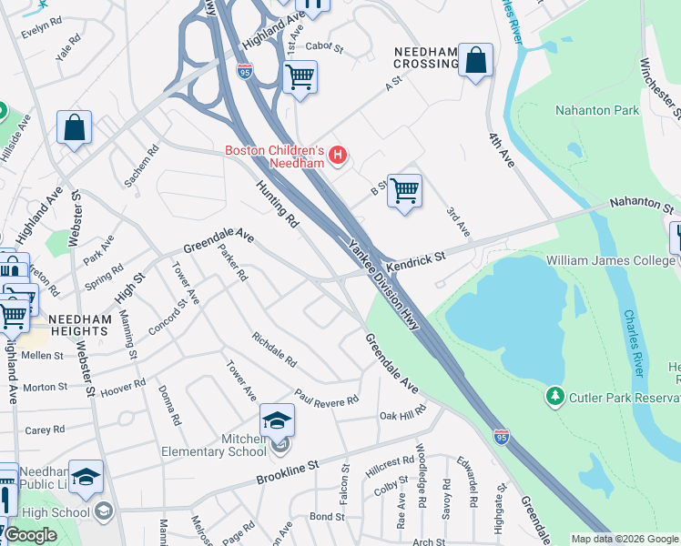 map of restaurants, bars, coffee shops, grocery stores, and more near 276 Hunting Road in Needham