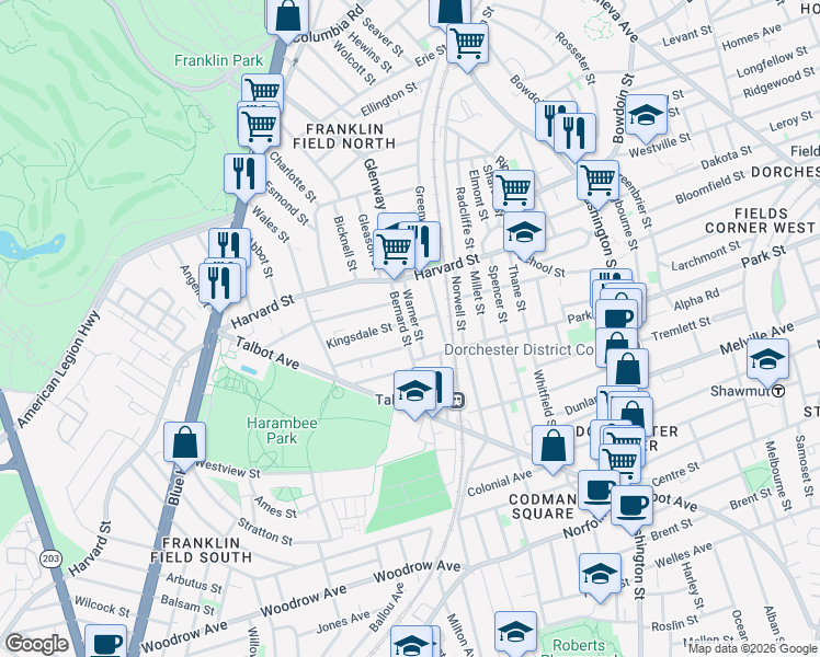 map of restaurants, bars, coffee shops, grocery stores, and more near 19 Warner Street in Boston