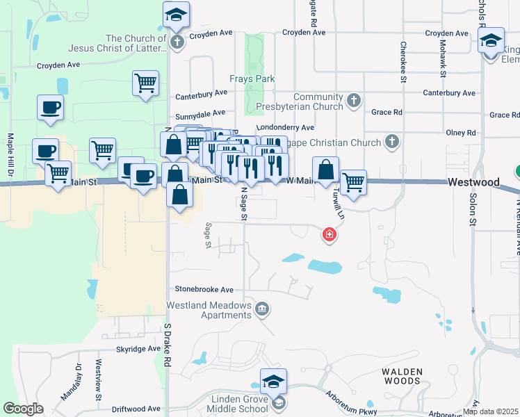 map of restaurants, bars, coffee shops, grocery stores, and more near 318 North Sage Street in Kalamazoo