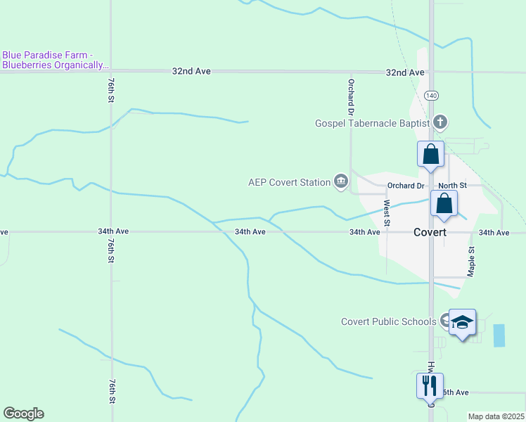 map of restaurants, bars, coffee shops, grocery stores, and more near 75034 34th Avenue in Covert