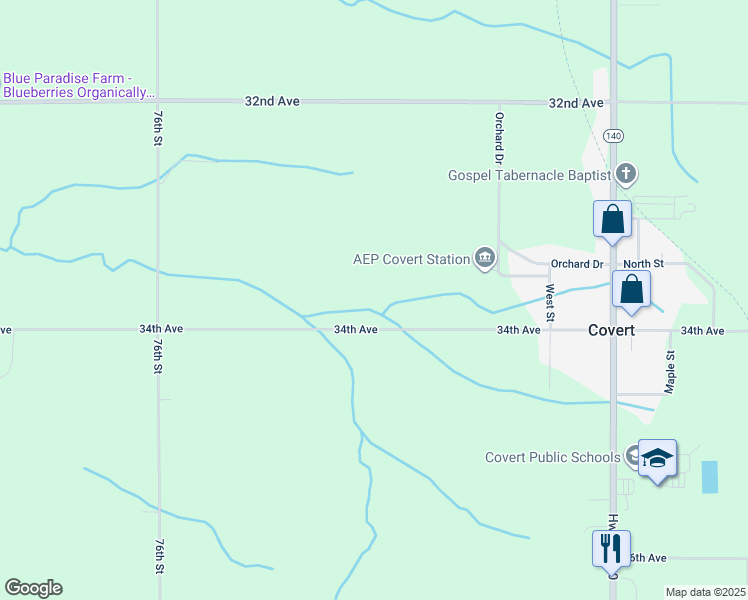 map of restaurants, bars, coffee shops, grocery stores, and more near 75034 34th Avenue in Covert