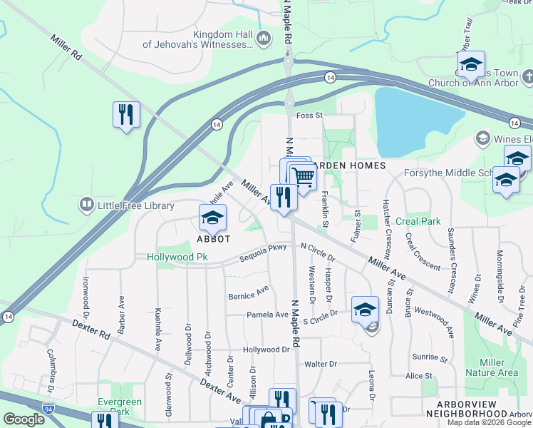 map of restaurants, bars, coffee shops, grocery stores, and more near 1320 Patricia Avenue in Ann Arbor