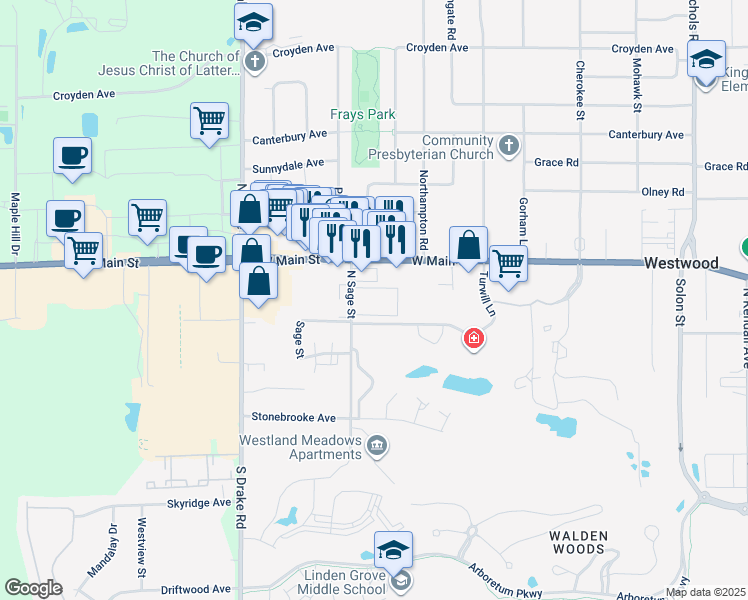map of restaurants, bars, coffee shops, grocery stores, and more near 318 North Sage Street in Kalamazoo