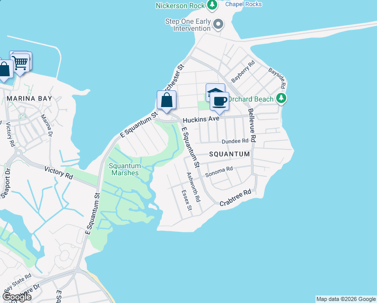 map of restaurants, bars, coffee shops, grocery stores, and more near 821 East Squantum Street in Quincy